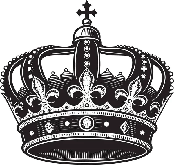 Süslü kraliyet tacının siyah ve beyaz vektörü mücevherler, çapraz üst ve dekoratif filigran, kraliyet, otorite, lüks ve yüksek kaliteyi temsil eder.