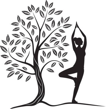 Yoga yapan bir kişinin siyah beyaz vektör silueti. Yapraklı bir ağacın yanında poz veriyor. İyiliği ve doğayı temsil ediyor.