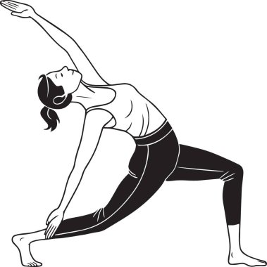 Yoga üçgeni ya da kenar açı yapan bir kadının siyah ve beyaz vektör silueti esneklik ve denge için poz verir