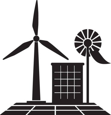 Yenilenebilir enerji çiftliğindeki rüzgar türbinlerinin ve güneş panellerinin siyah ve beyaz vektör silueti