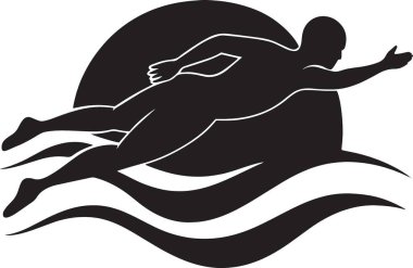 Bir yüzücünün yüzme, su sporları ve su sporlarını temsil eden dinamik dalga desenleriyle suya dalışının siyah siluet vektörü