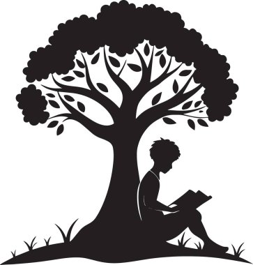 Büyük bir ağacın altında oturup kitap okuyan iki kişinin siyah siluet vektörü, paylaşılan okuma, arkadaşlık ve açık hava eğlencelerini temsil ediyor.
