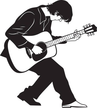Müzik, müzisyen ve gitar performansını temsil eden akustik gitar çalan bir adamın siyah siluet vektörü
