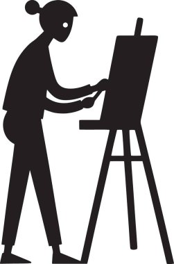 Resim sehpasında çalışan bir sanatçının siyah siluet vektörü, sanat stüdyosu için ideal, yaratıcı işler ve güzel sanatlar teması.