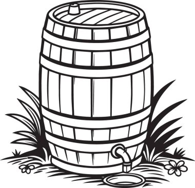 Çimen ve bitkilerle çevrili geleneksel ahşap bir varilin siyah ve beyaz vektör çizimi, şarap yapma, demleme ve kırsal depolamayı temsil ediyor.