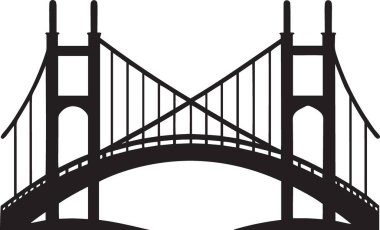 Klasik mimari ve tarihi altyapıyı temsil eden sivri kemerli ve dekoratif kuleli gotik bir kemer köprüsünün siyah ve beyaz vektör silüeti