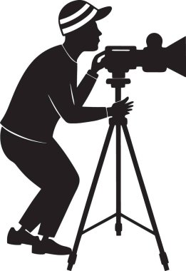 Bir kamera operatörünün siyah siluet vektörü, sinema, belgesel ve video prodüksiyon temaları için ideal bir tripoda sahip profesyonel bir kameranın arkasına çömelmiş.