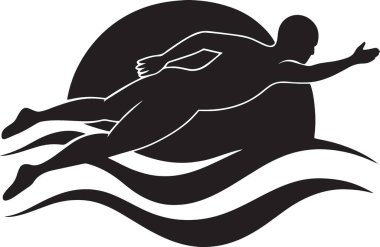 Bir yüzücünün yüzme, su sporları ve su sporlarını temsil eden dinamik dalga desenleriyle suya dalışının siyah siluet vektörü