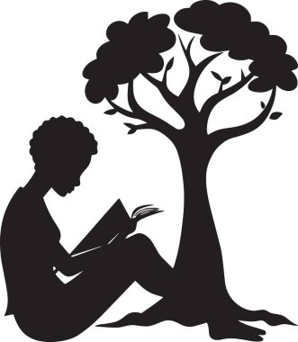 Black silhouette vector of a person sitting and reading a book under a large tree, representing peaceful reading, nature, and relaxation