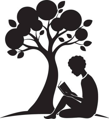 Black silhouette vector of a mother and child reading together under a tree, representing family bonding, parenting, and childhood education