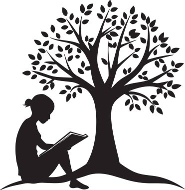 Black silhouette vector of a person sitting alone reading a book under a tree with detailed leaves, representing solitude, contemplation, and knowledge