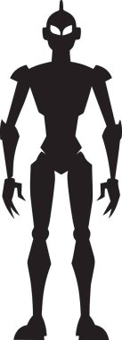 Büyük, kaslı bir robot ya da canavar figürünün siyah vektör silueti güçlü bir pozda duruyor, yapay zekayı, robotiği ve bilim kurguyu temsil ediyor.