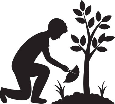 Küçük bir ağaç ya da tohum eken, ağaç dikmeyi, bahçeciliği ve çevreyi korumayı temsil eden bir kişinin siyah siluet vektörü