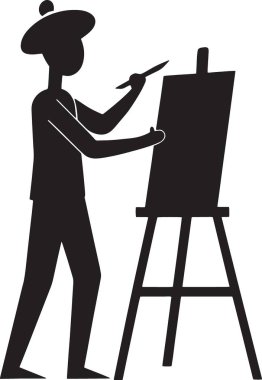 Sanatı, yaratıcılığı ve resim sanatını temsil eden, sehpadaki tuval üzerinde bereli bir ressamın siyah silüet vektörü