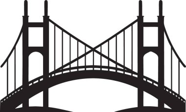 Klasik mimari ve tarihi altyapıyı temsil eden sivri kemerli ve dekoratif kuleli gotik bir kemer köprüsünün siyah ve beyaz vektör silüeti