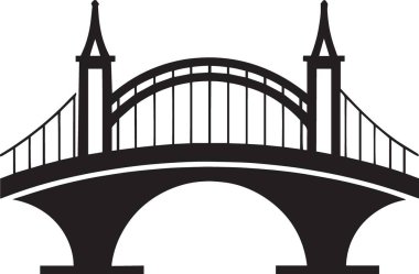 Klasik taş kemer köprüsünün siyah ve beyaz vektör silueti, geleneksel mimari, altyapı ve nehir geçişini temsil eden çoklu yuvarlak kemerli.