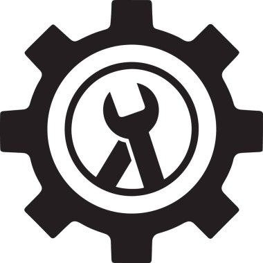 Siyah vektör silueti, içinde ingiliz anahtarı sembolü olan birbirine kenetlenmiş iki vites, mekanik servisi, mühendisliği ve endüstriyel bakımı temsil eder.