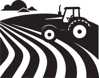 Bir traktörün siyah ve beyaz vektör silueti kayan tepeli çizgili tarım arazisinde çalışıyor.