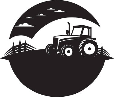 Bir traktörün siyah ve beyaz vektör silueti yuvarlanan bir çiftlik arazisinde bulutlar ve çitlerle ilerliyor.