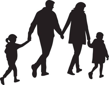 Siyah ve beyaz vektör silueti. Ailesi ve çocukları el ele yürüyorlar.
