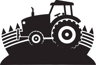 Bir traktörün siyah ve beyaz vektör silueti yan profil görünümünde, arka planda tepeler ve ağaçlar yer alıyor.