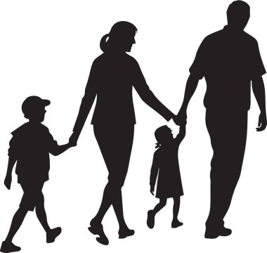 Siyah-beyaz vektör silueti, aile birliğini temsil eden çoklu çocuklarla birlikte yürüyen ebeveynler.