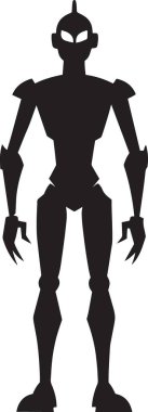 Büyük, kaslı bir robot ya da canavar figürünün siyah vektör silueti güçlü bir pozda duruyor, yapay zekayı, robotiği ve bilim kurguyu temsil ediyor.