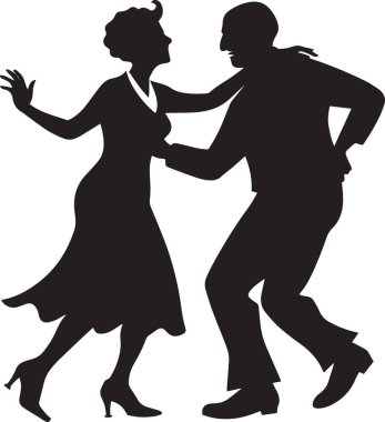 Bir çiftin siyah ve beyaz vektör silueti enerjik bir salıncak ya da dans hareketi yapıyor.