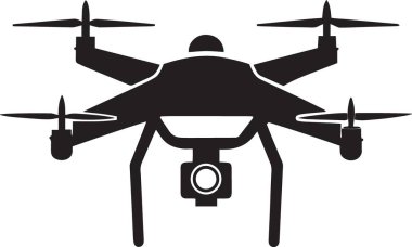 Kamera donanımlı bir dronun siyah ve beyaz vektör silueti, hava fotoğrafçılığını ve gözetlemeyi temsil ediyor.