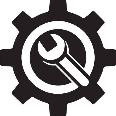 İçinde büyüteç ve ingiliz anahtarı olan siyah dişli dişli silueti teknik servis, bakım ve sorun çıkarmayı temsil ediyor.