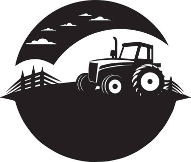 Bir traktörün siyah ve beyaz vektör silueti yuvarlanan bir çiftlik arazisinde bulutlar ve çitlerle ilerliyor.