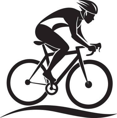 Dinamik yarış pozisyonunda kaskla bisiklet süren bir bisikletlinin siyah ve beyaz vektör silueti