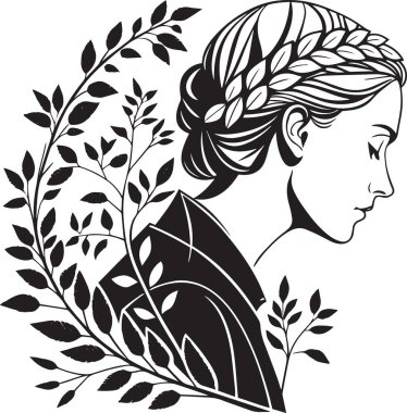 Çiçekli çelenk ve yapraklarla süslenmiş, güzelliği ve doğayı temsil eden güzel bir kadının profilinin siyah ve beyaz vektör silueti.