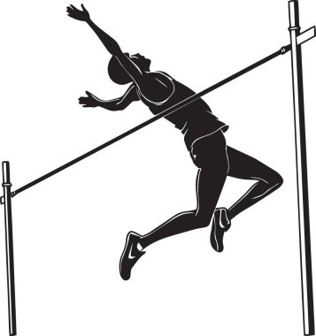 Bir atletin siyah ve beyaz vektör silueti bir yarışmada direğin üzerinden atlıyor.