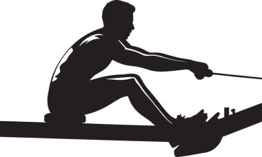 Bir balıkçının siyah ve beyaz vektör silueti oltayla oturup balık tutmak, açık hava eğlencesi ve balıkçılık temalı tasarımlar için mükemmeldir.