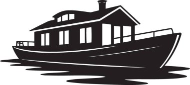 Eski bir vapur gemisinin siyah ve beyaz vektör silueti. Kabini ve bacası var. Denizcilik ve deniz temalı tasarımlar için mükemmel.