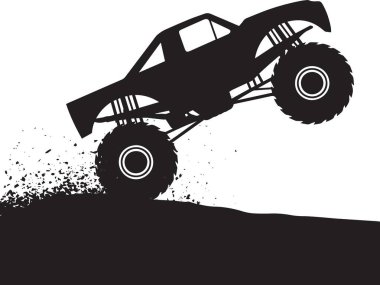 Bir canavar kamyonun siyah ve beyaz vektör silueti arkasında toz izi olan bir atlayış yapıyor.