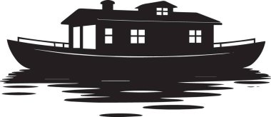 Bir yüzen evin siyah vektör silueti veya su üzerinde yüzen ev, deniz kenarında yaşam ve eğlence temalı projeler için idealdir.