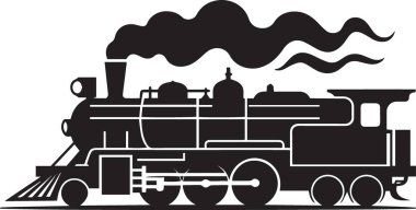 Siyah vektör silueti buharlı lokomotif tren motoru dumanı ve tekerlekleri var.