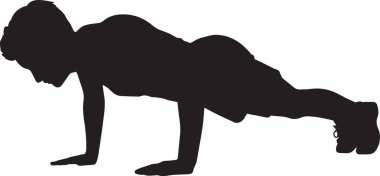 Siyah ve beyaz vektör silueti, spor sağlığı ve sporla ilgili tasarımlar için ideal güç ve uygunluk gösteren şınav egzersizleri yapan bir adamın silüeti