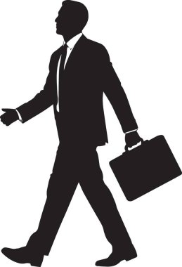 Bir iş adamının siyah-beyaz silueti elinde evrak çantası, kurumsal koşuşturma ve son teslim tarihi konsepti çizimi ile aceleyle koşuyor.