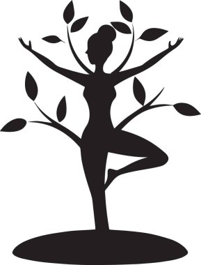 Siyah ve beyaz vektör silüeti, ağaçtaki bir kadının vücudundan yapraklar ve dallarla poz verişini gösteriyor. Doğa dansı yoga sağlığı kavramı.