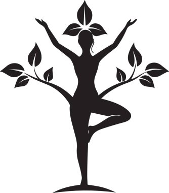 Siyah ve beyaz vektör silueti, yoga ağacındaki bir kadının dekoratif yapraklar ve çiçeklerle poz verişi, refah doğası dengesi kavramı.