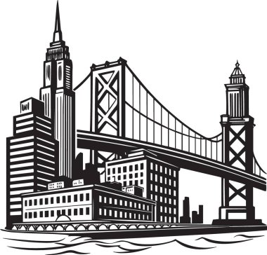 Brooklyn Köprüsü ve gökdelenlerinin yer aldığı New York şehrinin şehir ve seyahat tasarımları için mükemmel siyah ve beyaz çizimleri.