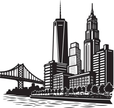 Belirgin köprüsü ve çeşitli binaları olan ve panoramik şehir manzarası oluşturan şehir siluetinin siyah ve beyaz çizimi