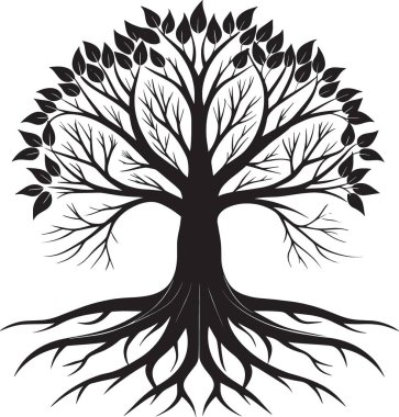 Detaylı kök sistemi ve dalları ile simetrik bir yaşam ağacının siyah vektör silueti, manevi ve doğa tasarımları için mükemmel.