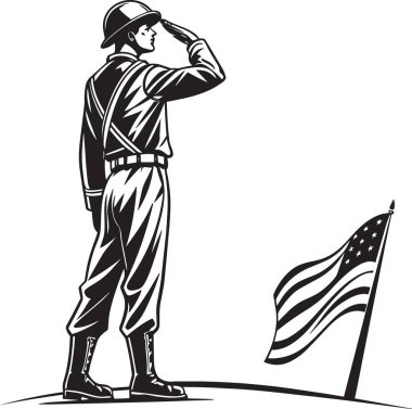 Amerikan bayrağının yanında selamlaşan bir askerin siyah ve beyaz temsili, vatansever ve emektar tasarımlar için idealdir.