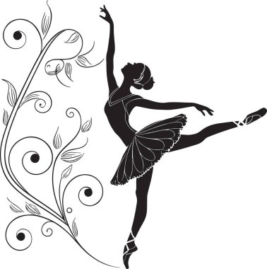 Geniş kolları ve dekoratif kanatlarıyla dans eden bir perinin siyah vektör silueti fantezi ve büyülü temalı tasarımlar için idealdir.