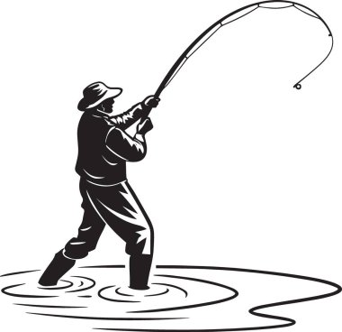 Balıkçı oltası atan bir balıkçının siyah ve beyaz vektör çizimi, balıkçılık ve açık hava eğlencesi tasarımları için ideal.