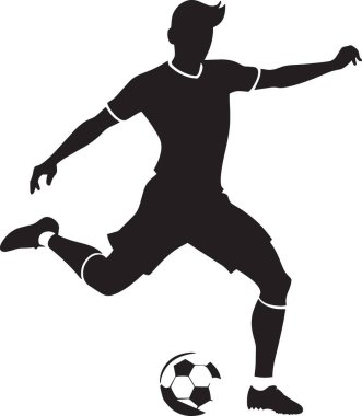 Spor ve futbol tasarımları için ideal, dinamik tekme pozisyonunda bir futbolcunun siyah vektör silueti